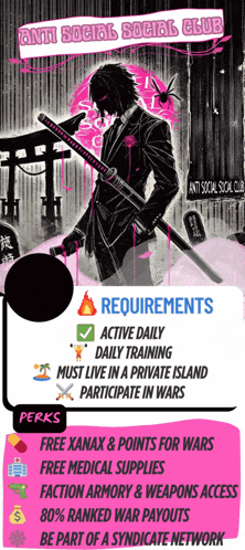 a poster for anti social social club shows a man with a sword