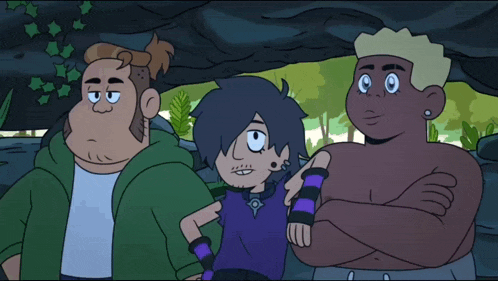 three cartoon characters are standing next to each other
