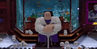 a lego man is sitting in a chair in front of an aquarium in a room .
