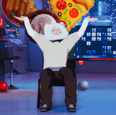 a cartoon character with a pizza on his head