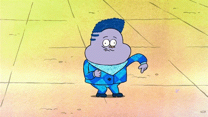 a cartoon character is standing on a tiled floor with his fist in the air