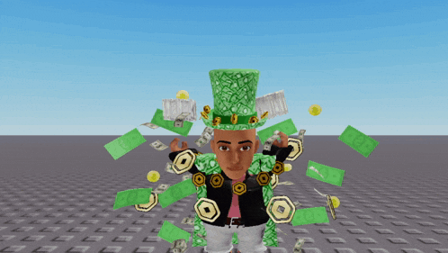 a man wearing a green top hat is surrounded by green money