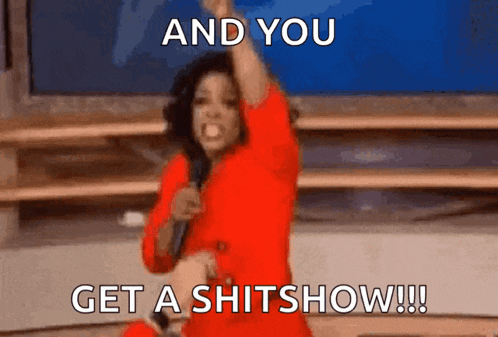 a woman in a red dress is holding a microphone and says " and you get a shitshow !! "