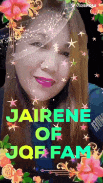 a picture of a woman with the words jairene of jqf family on it
