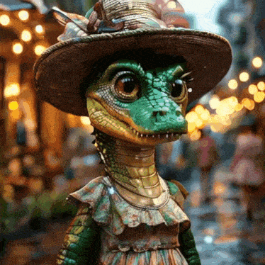 a crocodile wearing a hat and a dress