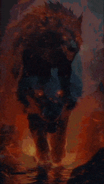 a painting of a black wolf with red eyes standing on a rock