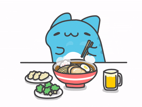 a cartoon drawing of a cat eating ramen with chopsticks