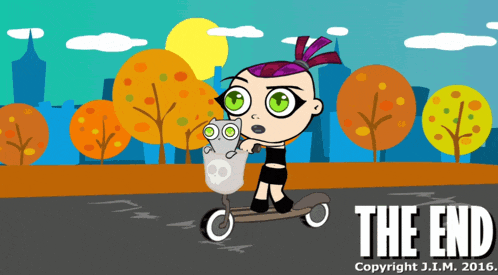 a cartoon of a girl riding a scooter with the words " the end " in the bottom right corner