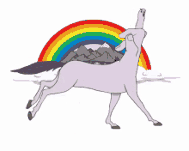 a drawing of a horse with a rainbow and mountains in the background
