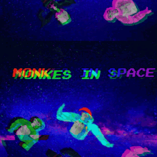 a colorful painting of monks in space