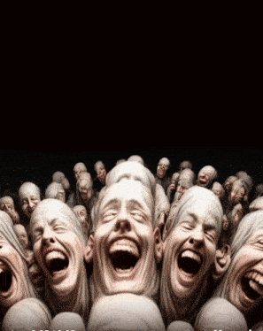 a crowd of people laughing with their mouths open in a painting
