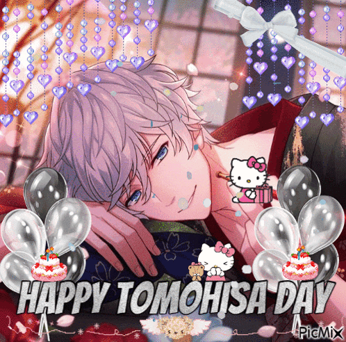 a picture of a boy with balloons and the words happy tomohisa day on the bottom