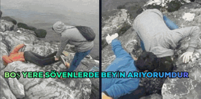 a couple of people laying on rocks with the words bos yere sovenlerde beyin ariyorumdur on the bottom