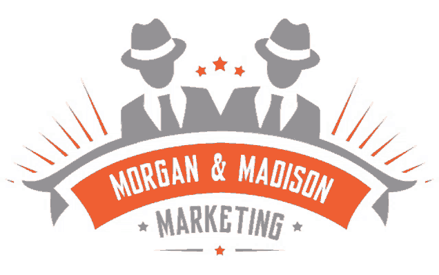 a logo for morgan & madison marketing with two men in suits