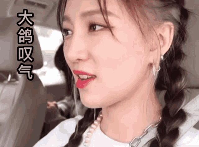a close up of a woman 's face in a car with chinese writing behind her