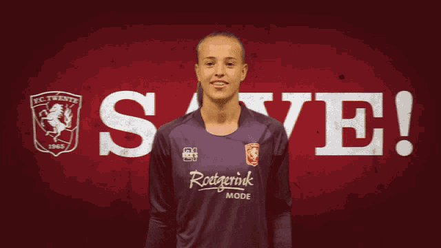 a female soccer player stands in front of a red background that says save