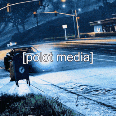 a picture of a car driving down a street with the words [ polot media ] on the bottom