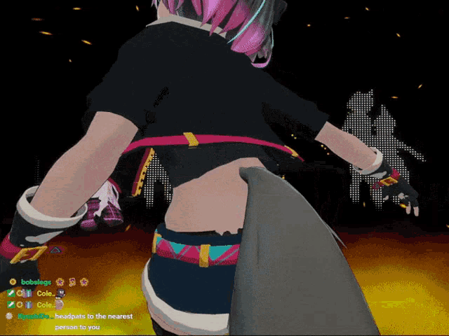 a screenshot of a video game shows a girl with pink hair and the words " headbutts to the nearest "