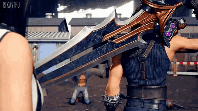 a video game character holding a large sword on his back