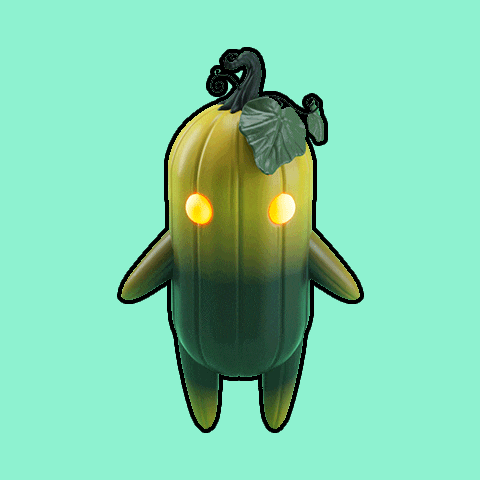 a cartoon drawing of a pumpkin with glowing eyes and a leaf on top