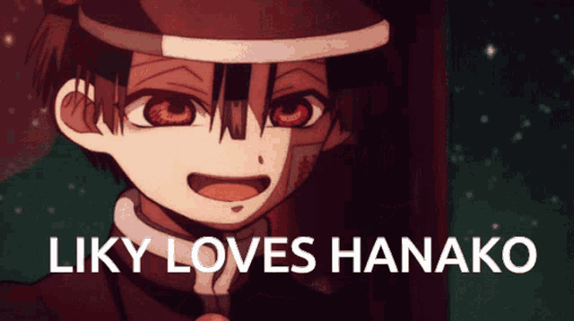 a picture of a boy with the words likey loves hanako on it