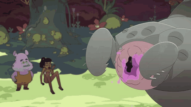 a cartoon drawing of a pig a man and a monster with a pink liquid coming out of its mouth