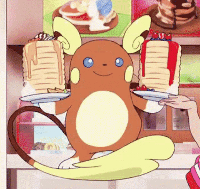 a cartoon character is holding a stack of pancakes on a plate