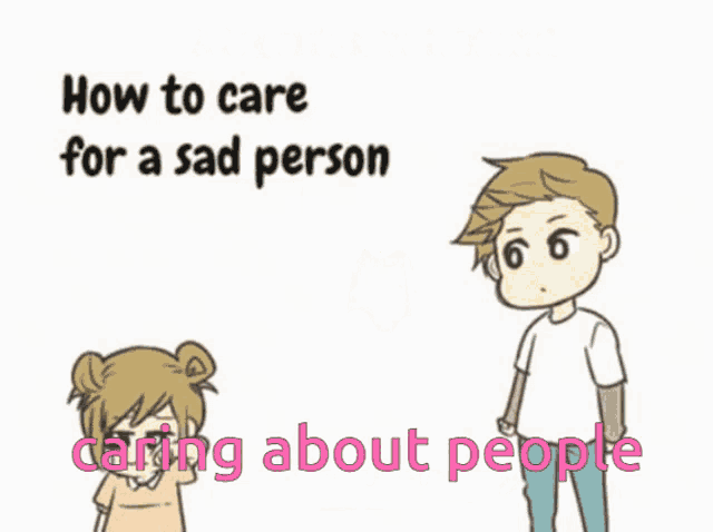 a cartoon of a man and a woman sitting on a couch with the words caring about people underneath them