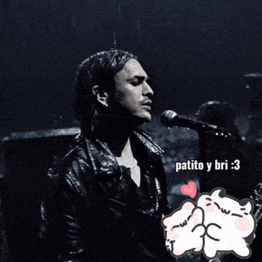 a man singing into a microphone with patito y bri written on the bottom right