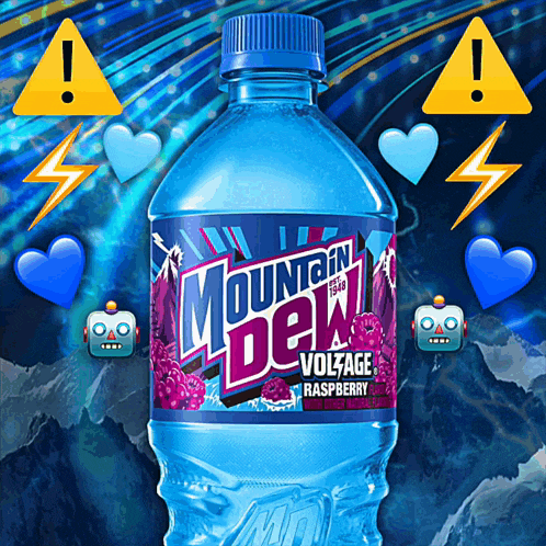 a bottle of mountain dew voltage raspberry surrounded by hearts and lightning bolts
