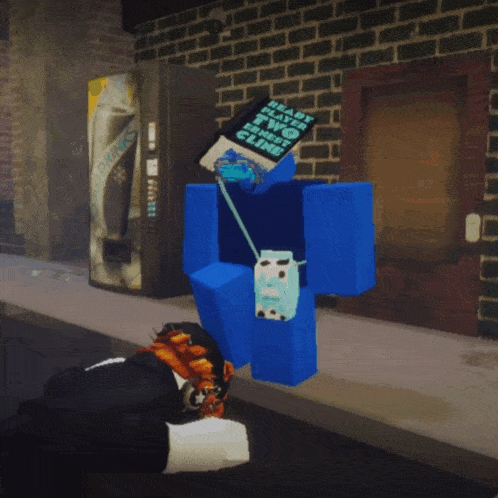 a blue cartoon character with a book on his head that says heavy duty work
