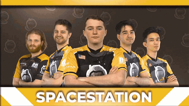 a group of men standing next to each other with the word spacestation on the bottom
