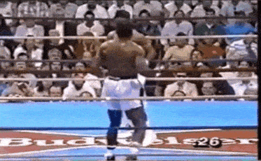 two boxers are fighting in a boxing ring with a budweiser ad in the background .