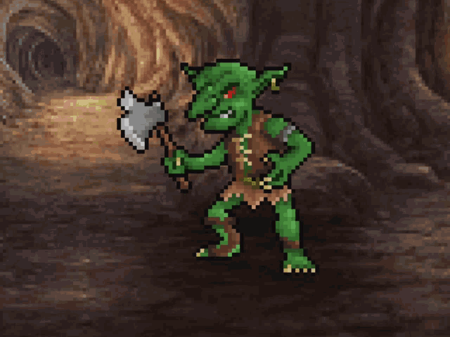 a pixel art of a goblin holding an axe in a cave