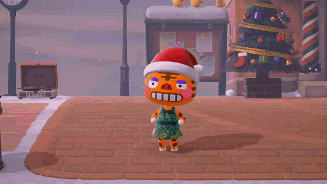 two cartoon characters wearing santa hats are standing next to each other in front of a christmas tree