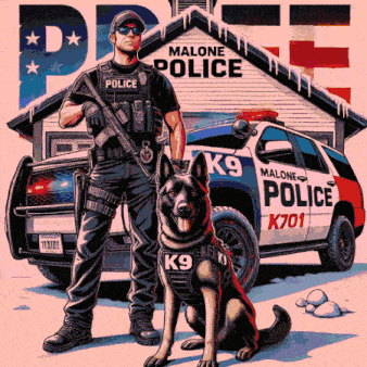 a man in a police uniform stands next to a police dog in front of a malone police car