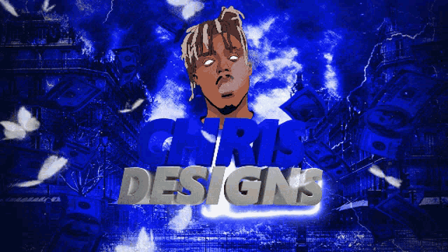 a blue background with chris designs written in white