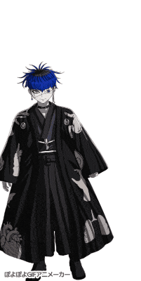a cartoon character with blue hair is wearing a black kimono