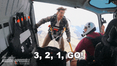 a poster for mission impossible the final reckoning with a man jumping out of a helicopter