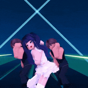 a girl in a white dress is dancing in front of two boys