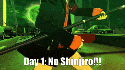 a cartoon character is holding a stick and says " day 1 : no shinjiro "