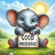 a baby elephant is holding a sign that says good morning .