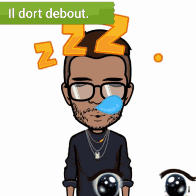 a cartoon of a man with glasses and the words il dort debout below him