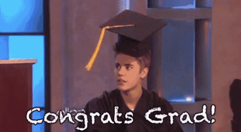 justin bieber is wearing a graduation cap and gown and says congrats grad .