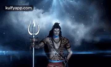 a man in a leopard print outfit is holding a trident and a sword .