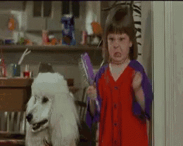 a little girl in a red dress is standing next to a white poodle