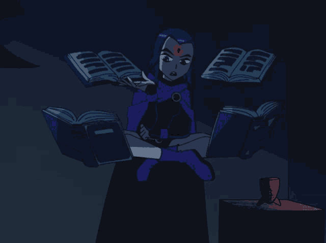 a cartoon of raven reading a book in a dark room with books floating around her