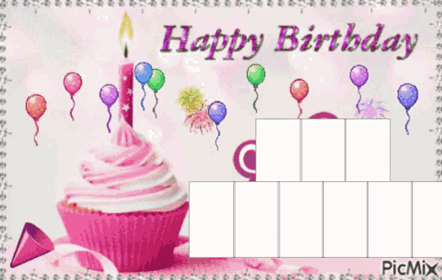 a birthday card with a pink cupcake and balloons and the words happy birthday