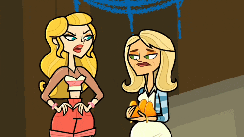 two cartoon girls are standing next to each other and one is holding oranges