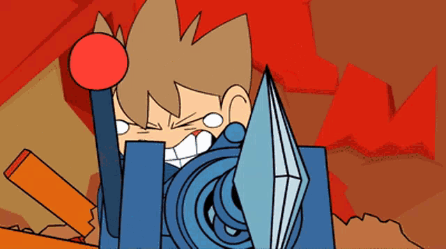 a cartoon drawing of a man with a sword and a red ball in his hand